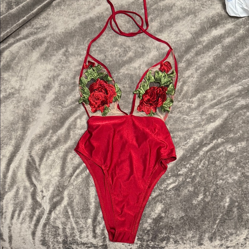 Elegant Red Floral Embroidered Bodysuit
